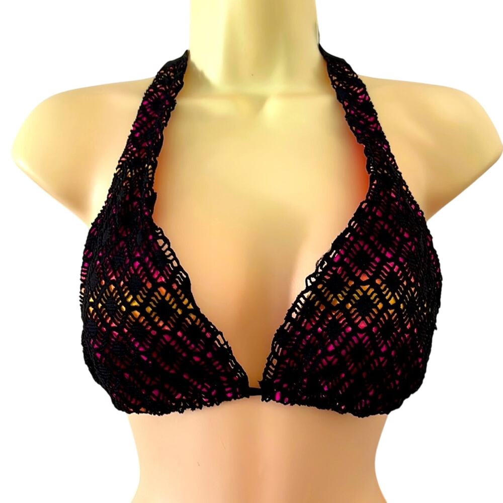 Joe Boxer Black Lace String Bikini Top Juniors Size M Crocheted Summer Swim